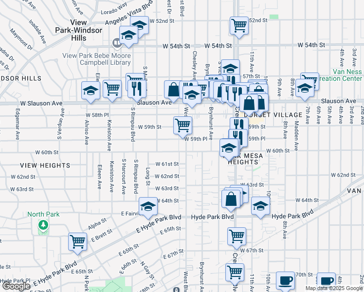 map of restaurants, bars, coffee shops, grocery stores, and more near 5965 West Boulevard in Los Angeles