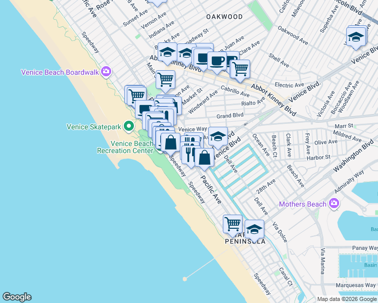 map of restaurants, bars, coffee shops, grocery stores, and more near in Los Angeles