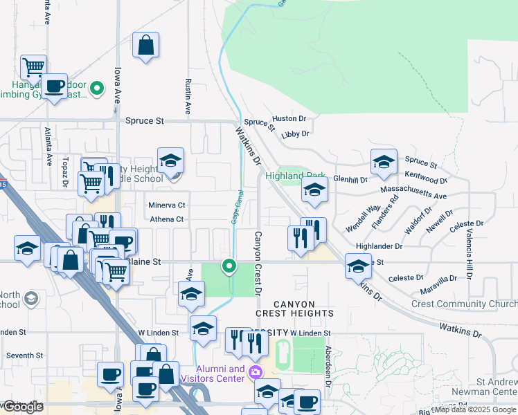 map of restaurants, bars, coffee shops, grocery stores, and more near 3029 Canyon Crest Drive in Riverside