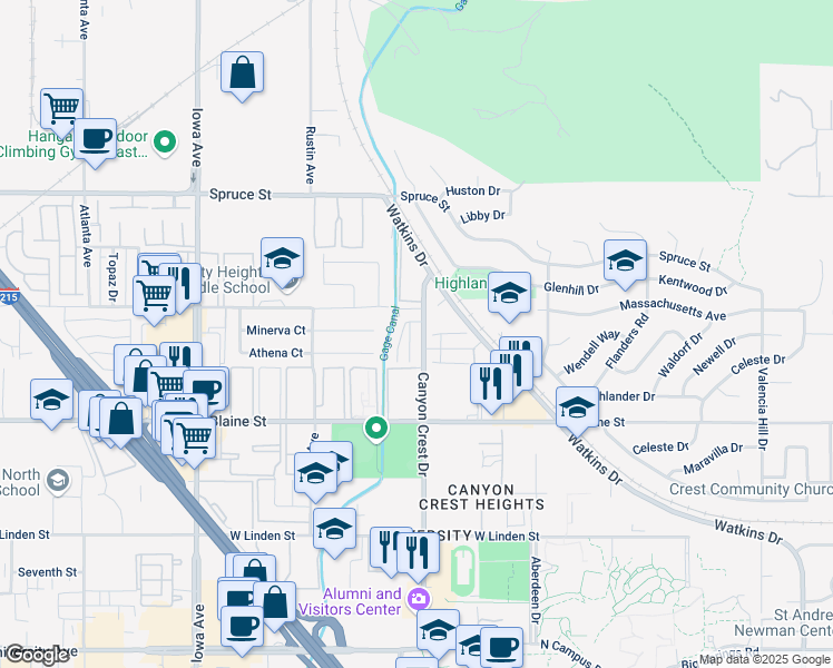 map of restaurants, bars, coffee shops, grocery stores, and more near 3029 Canyon Crest Drive in Riverside