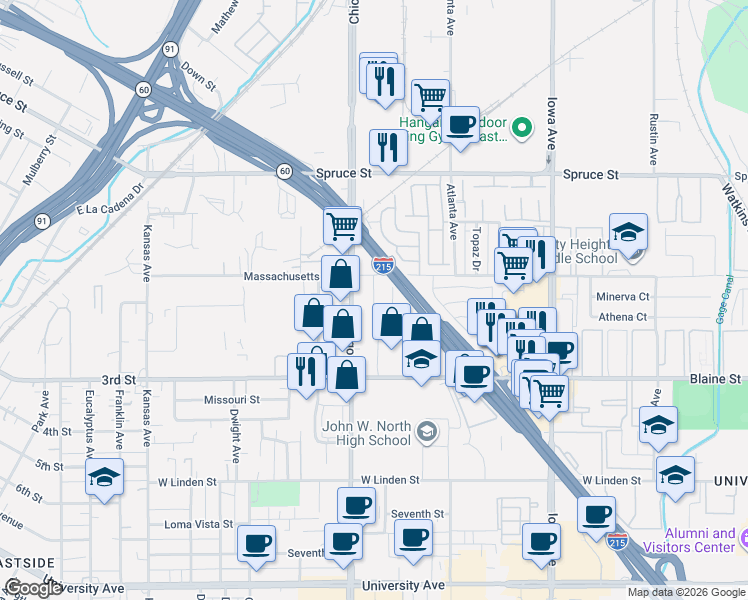 map of restaurants, bars, coffee shops, grocery stores, and more near 3150 Chicago Avenue in Riverside