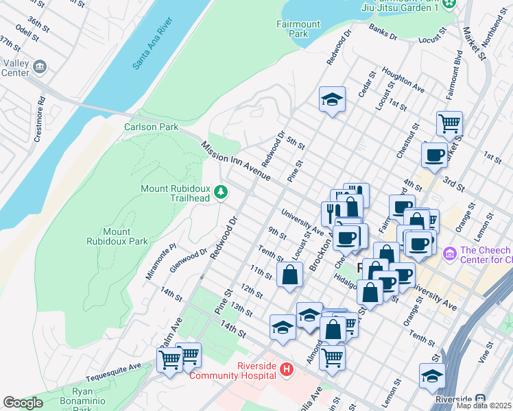 map of restaurants, bars, coffee shops, grocery stores, and more near 4465 9th Street in Riverside