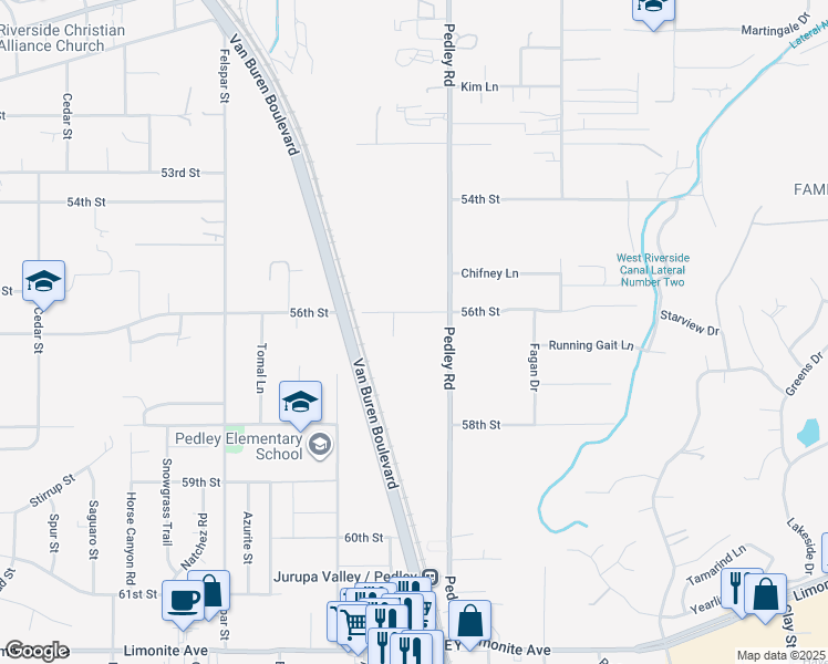 map of restaurants, bars, coffee shops, grocery stores, and more near 5650 Claubert Court in Riverside