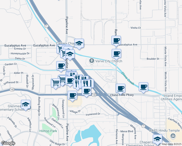 map of restaurants, bars, coffee shops, grocery stores, and more near 4325 Corporate Center Avenue in Chino