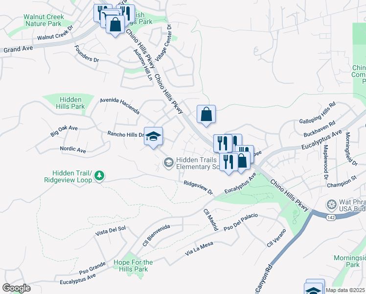 map of restaurants, bars, coffee shops, grocery stores, and more near 14727 Ranchview Terrace in Chino Hills