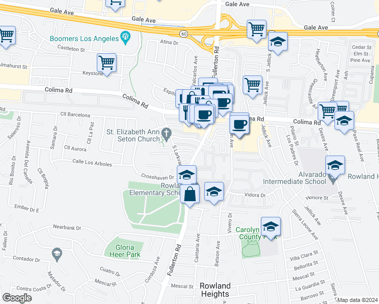 map of restaurants, bars, coffee shops, grocery stores, and more near 18234 Vía Calma in Rowland Heights