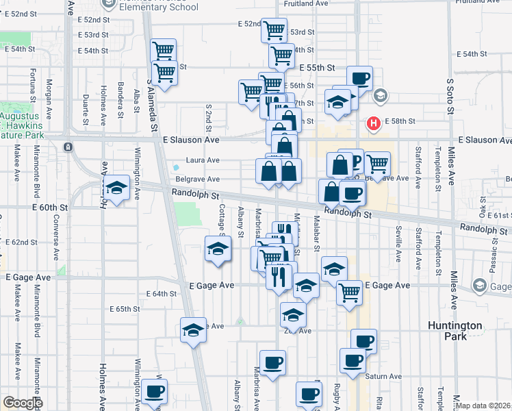 map of restaurants, bars, coffee shops, grocery stores, and more near 6119 Marbrisa Avenue in Huntington Park