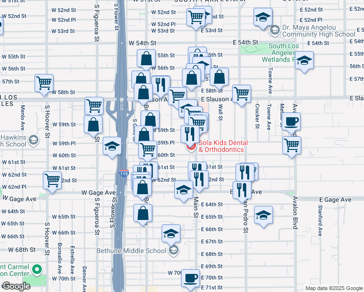 map of restaurants, bars, coffee shops, grocery stores, and more near 129 West 60th Street in Los Angeles