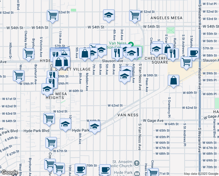 map of restaurants, bars, coffee shops, grocery stores, and more near 5962 4th Avenue in Los Angeles