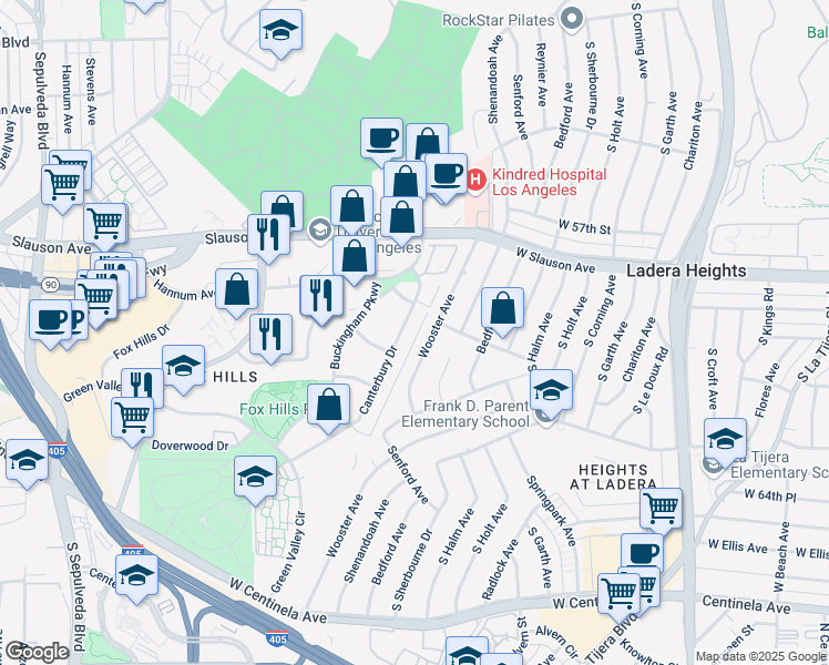 map of restaurants, bars, coffee shops, grocery stores, and more near 5950 Canterbury Drive in Culver City