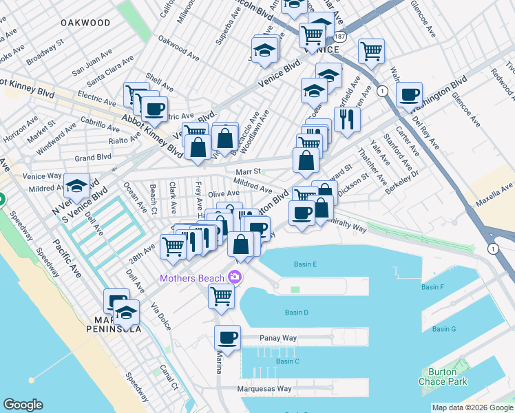 map of restaurants, bars, coffee shops, grocery stores, and more near 663 Washington Boulevard in Marina del Rey