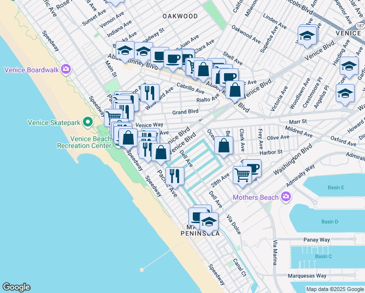 map of restaurants, bars, coffee shops, grocery stores, and more near in Los Angeles