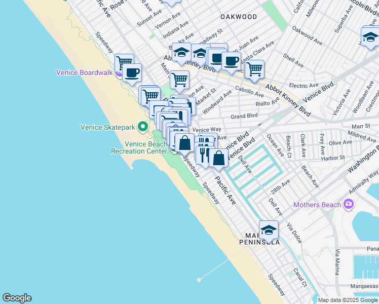 map of restaurants, bars, coffee shops, grocery stores, and more near 20 19th Avenue in Los Angeles