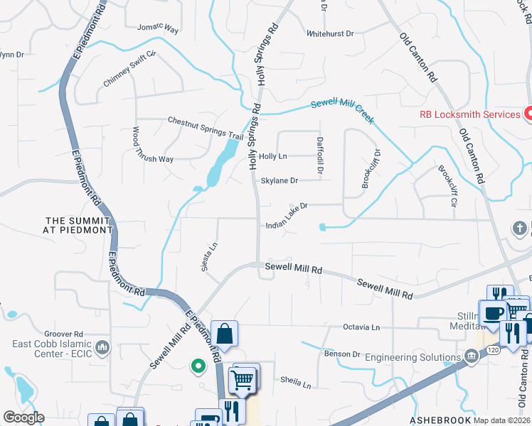 map of restaurants, bars, coffee shops, grocery stores, and more near 2565 Indian Lake Drive in Marietta