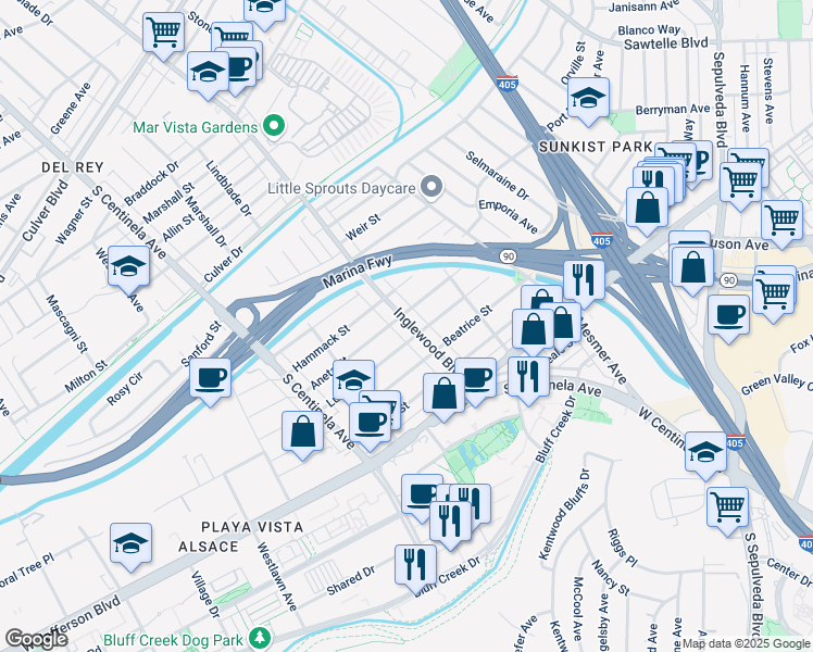 map of restaurants, bars, coffee shops, grocery stores, and more near 11960 Lucile Street in Culver City