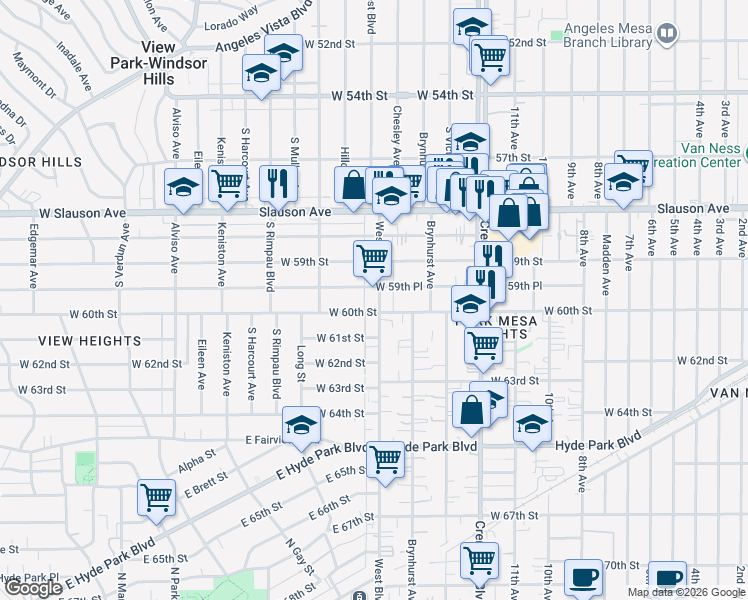 map of restaurants, bars, coffee shops, grocery stores, and more near 5965 West Boulevard in Los Angeles