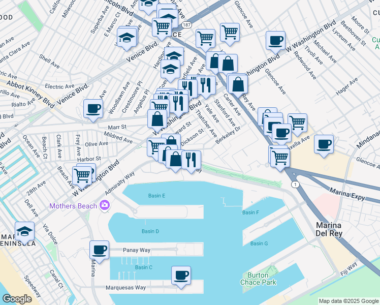 map of restaurants, bars, coffee shops, grocery stores, and more near 3201 Viola Place in Marina del Rey