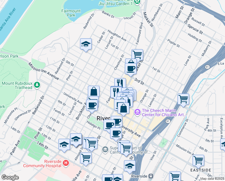 map of restaurants, bars, coffee shops, grocery stores, and more near 3900 5th Street in Riverside