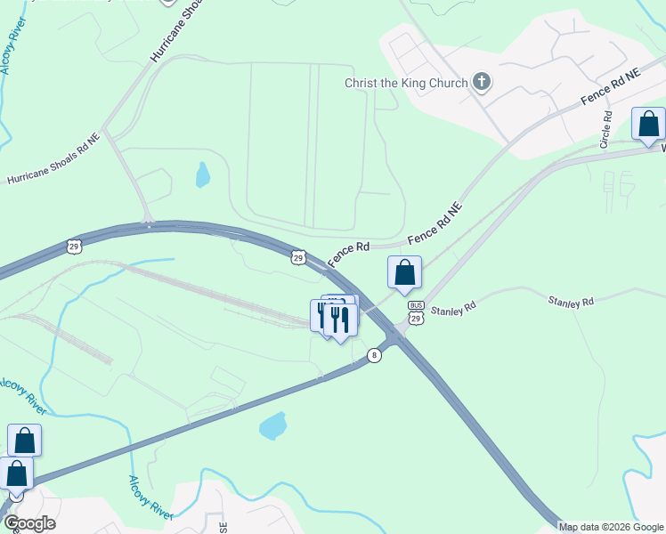 map of restaurants, bars, coffee shops, grocery stores, and more near 1202 University Parkway in Dacula