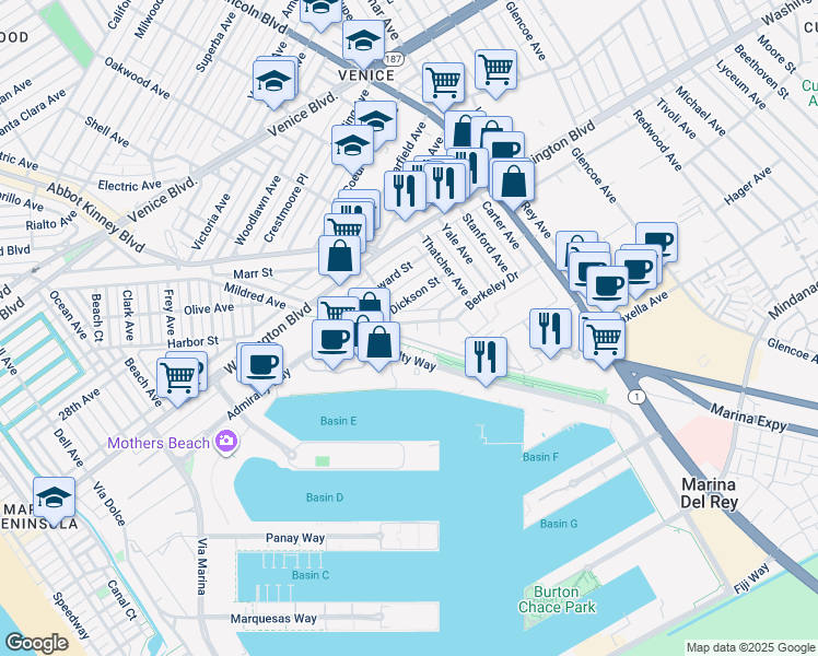 map of restaurants, bars, coffee shops, grocery stores, and more near 3201 Viola Place in Marina del Rey