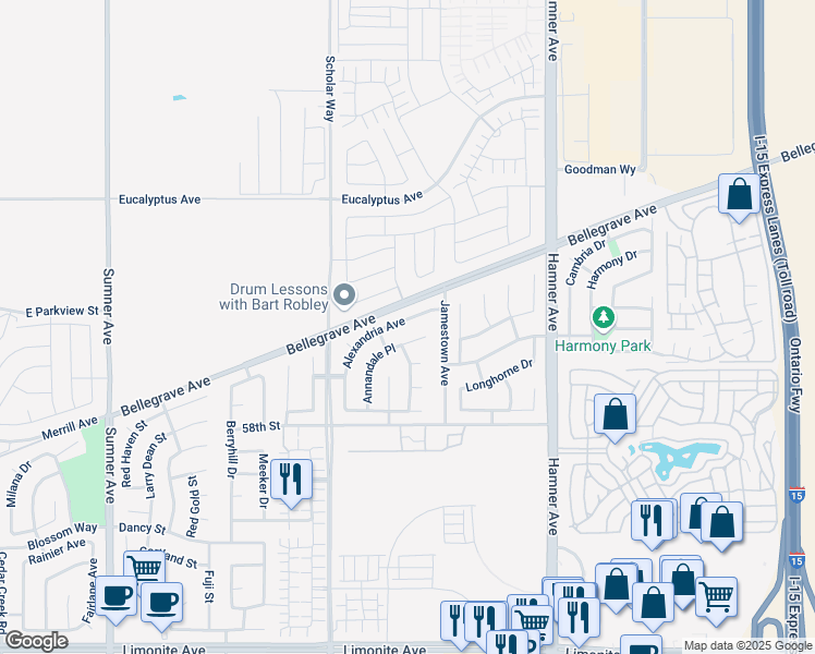 map of restaurants, bars, coffee shops, grocery stores, and more near 5574 Alexandria Avenue in Corona