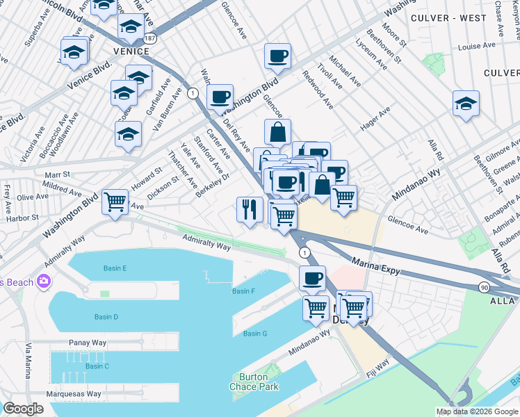 map of restaurants, bars, coffee shops, grocery stores, and more near 13603 Marina Pointe Drive in Marina del Rey