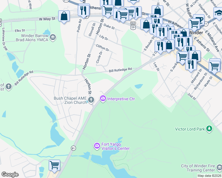 map of restaurants, bars, coffee shops, grocery stores, and more near 174 South Broad Street in Winder