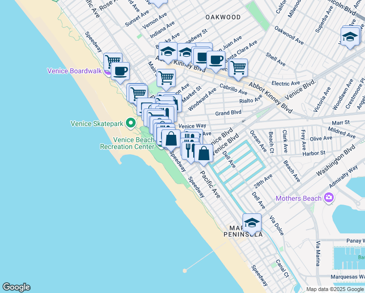 map of restaurants, bars, coffee shops, grocery stores, and more near 20 19th Avenue in Los Angeles