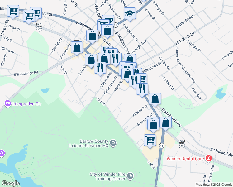 map of restaurants, bars, coffee shops, grocery stores, and more near 26 South Williams Street in Winder