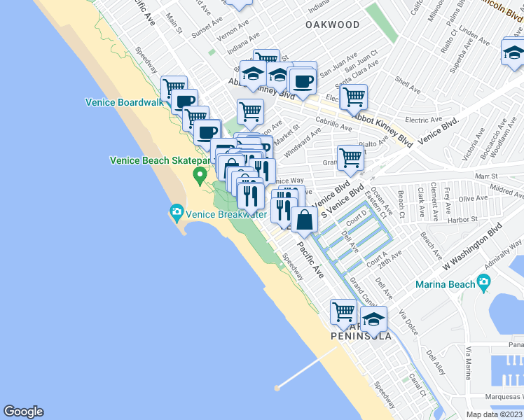map of restaurants, bars, coffee shops, grocery stores, and more near 23 19th Avenue in Los Angeles