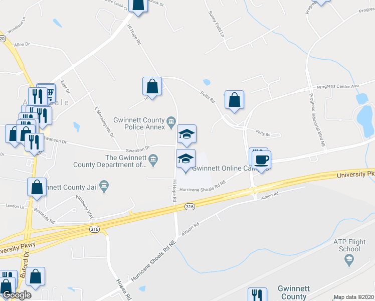 map of restaurants, bars, coffee shops, grocery stores, and more near 723 Hi Hope Road in Lawrenceville