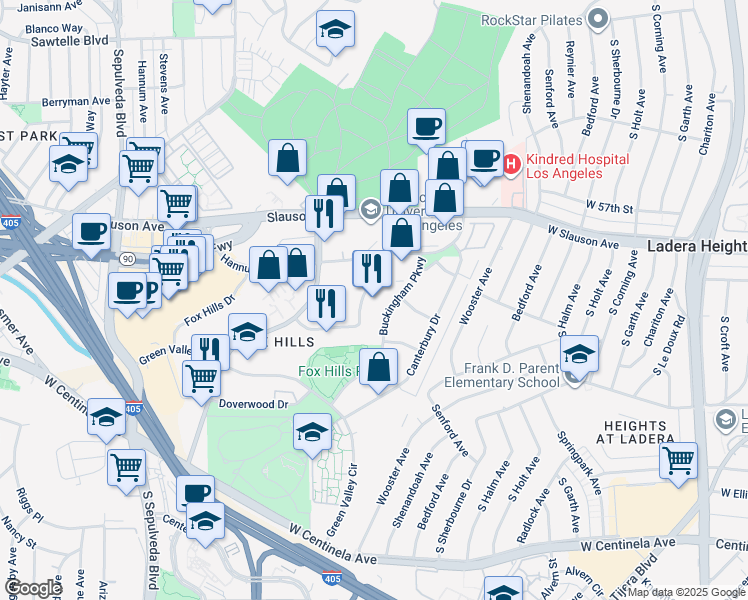 map of restaurants, bars, coffee shops, grocery stores, and more near 5730 Uplander Way in Culver City