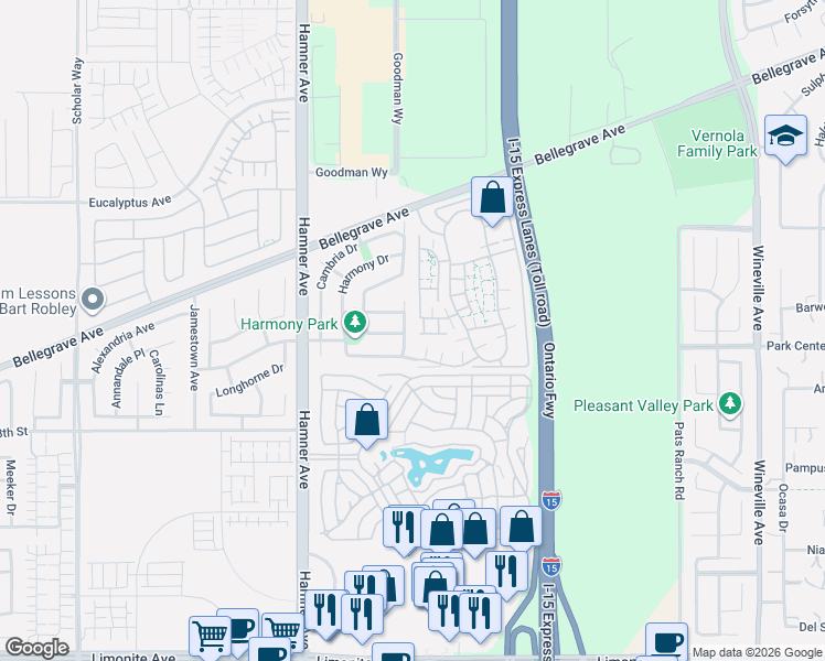 map of restaurants, bars, coffee shops, grocery stores, and more near 5648 Shady Drive in Eastvale