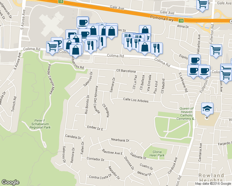 map of restaurants, bars, coffee shops, grocery stores, and more near 1971 Vía Tranquilo in Rowland Heights