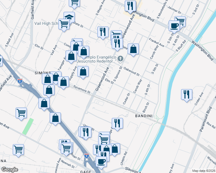 map of restaurants, bars, coffee shops, grocery stores, and more near 1423 South Spruce Street in Montebello