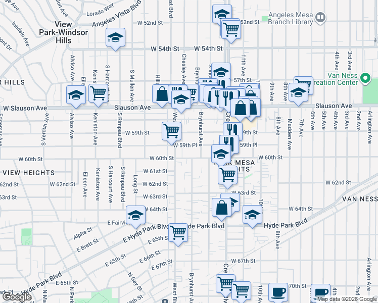 map of restaurants, bars, coffee shops, grocery stores, and more near 3528 West 59th Place in Los Angeles