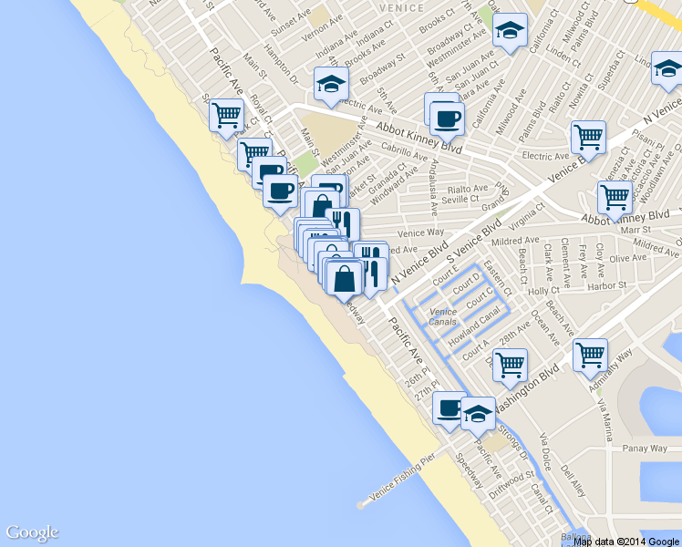 map of restaurants, bars, coffee shops, grocery stores, and more near 23 19th Avenue in Los Angeles