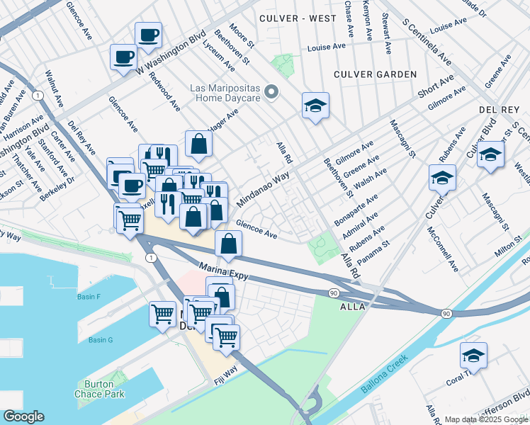 map of restaurants, bars, coffee shops, grocery stores, and more near 13078 Mindanao Way in Marina del Rey
