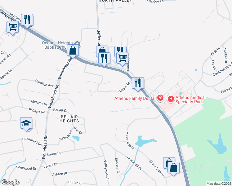 map of restaurants, bars, coffee shops, grocery stores, and more near 157 Putters Drive in Athens