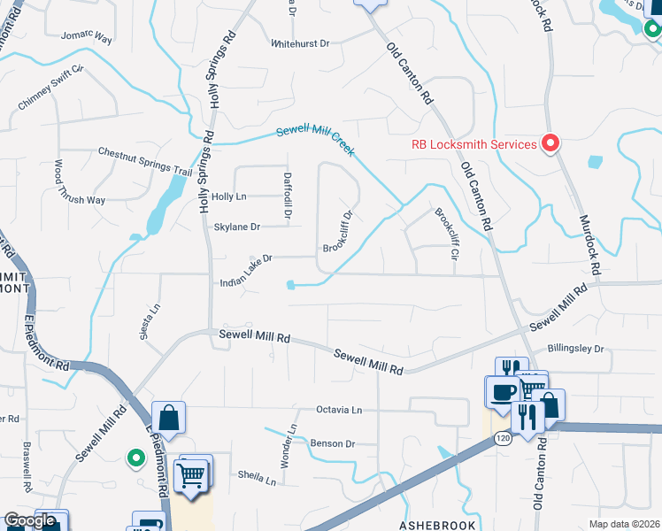 map of restaurants, bars, coffee shops, grocery stores, and more near 1433 Brookcliff Drive in Marietta