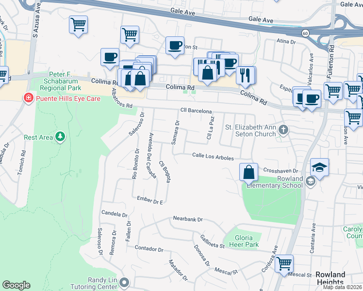 map of restaurants, bars, coffee shops, grocery stores, and more near 1971 Vía Tranquilo in Rowland Heights