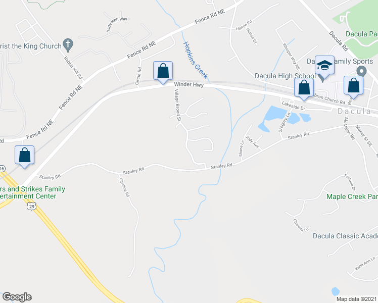 map of restaurants, bars, coffee shops, grocery stores, and more near 390 Village Broad Street in Dacula