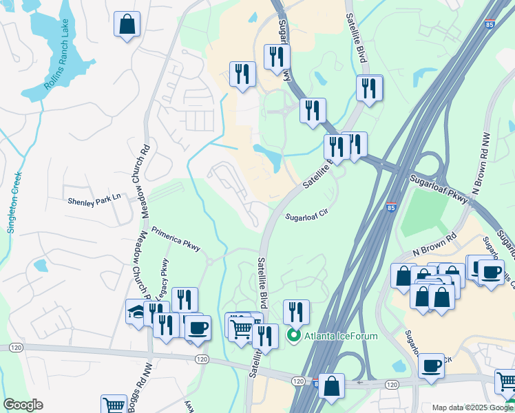 map of restaurants, bars, coffee shops, grocery stores, and more near 100 Woodiron Drive in Duluth