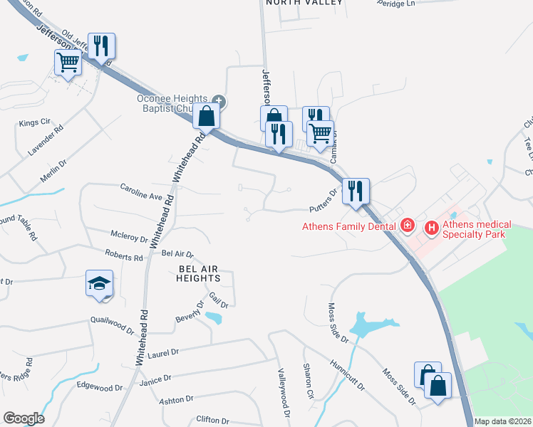 map of restaurants, bars, coffee shops, grocery stores, and more near 227 Putters Drive in Athens