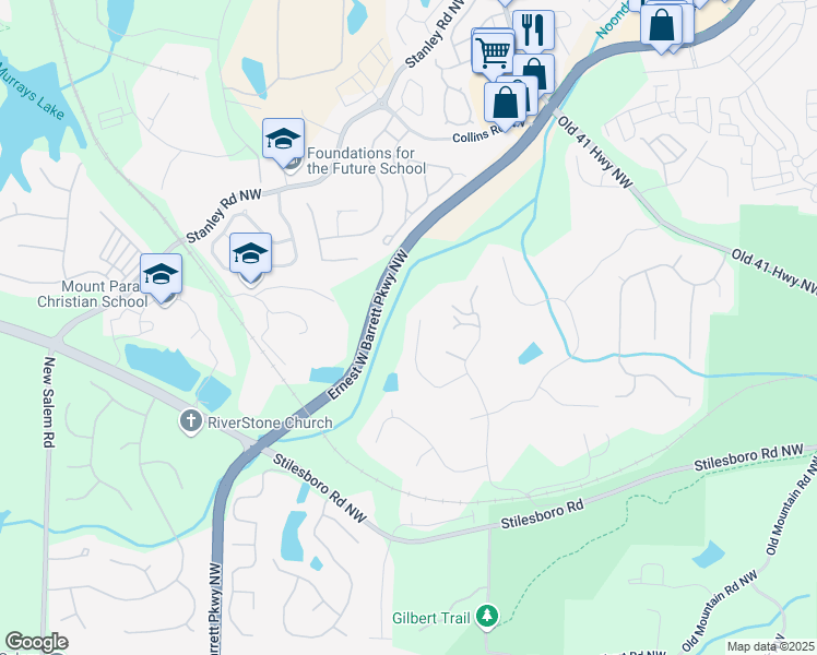 map of restaurants, bars, coffee shops, grocery stores, and more near 1749 Patriots Way Northwest in Kennesaw