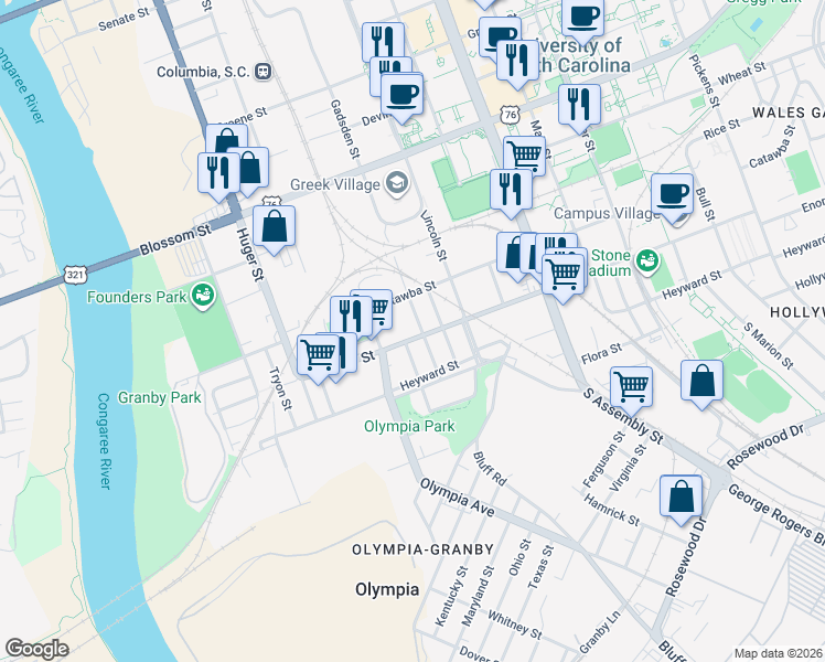 map of restaurants, bars, coffee shops, grocery stores, and more near 726 Whaley Street in Columbia