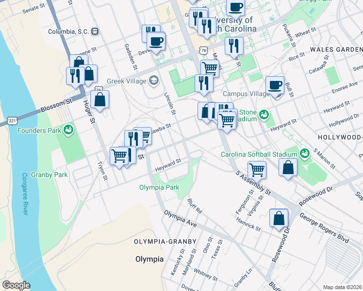 map of restaurants, bars, coffee shops, grocery stores, and more near 108 Mulberry Lane in Columbia