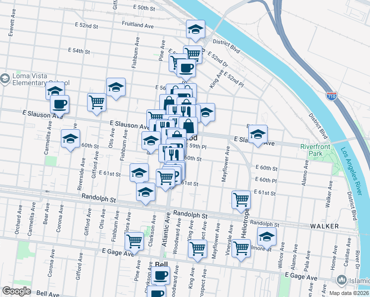 map of restaurants, bars, coffee shops, grocery stores, and more near 4520 East 59th Place in Maywood