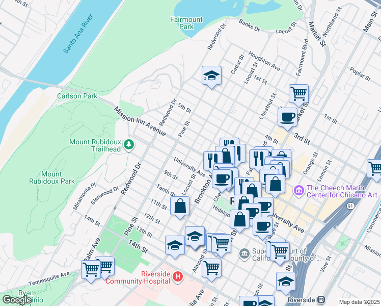 map of restaurants, bars, coffee shops, grocery stores, and more near 4292 Mission Inn Avenue in Riverside