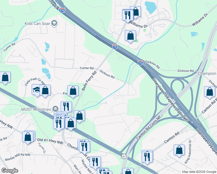 map of restaurants, bars, coffee shops, grocery stores, and more near 22 Adair Drive in Marietta